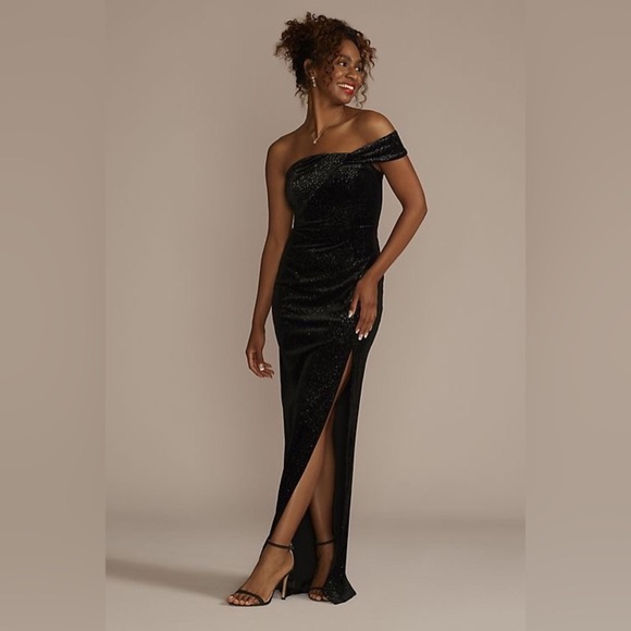David's Bridal Dresses & Skirts - DB STUDIO one shoulder sparkle velvet sheath w/ slit dress